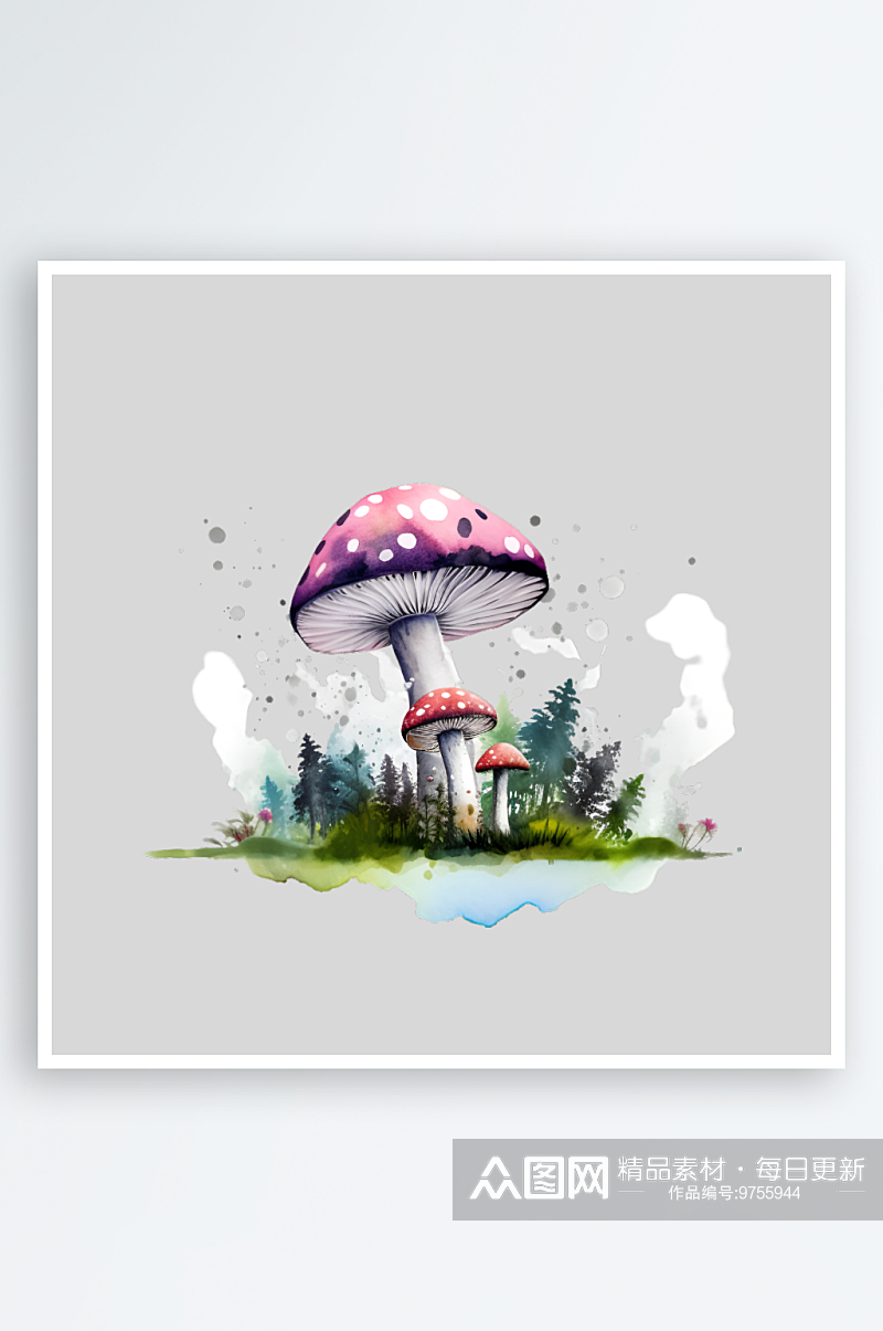 水彩卡通可爱红蘑菇晕染PNG素材素材