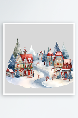 手绘水彩圣诞节雪屋房子装饰元素