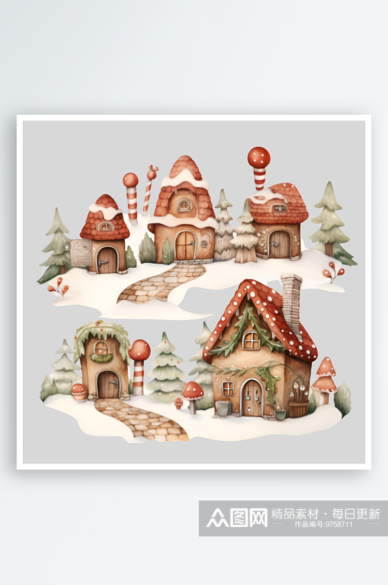 手绘水彩圣诞节雪屋房子装饰元素素材