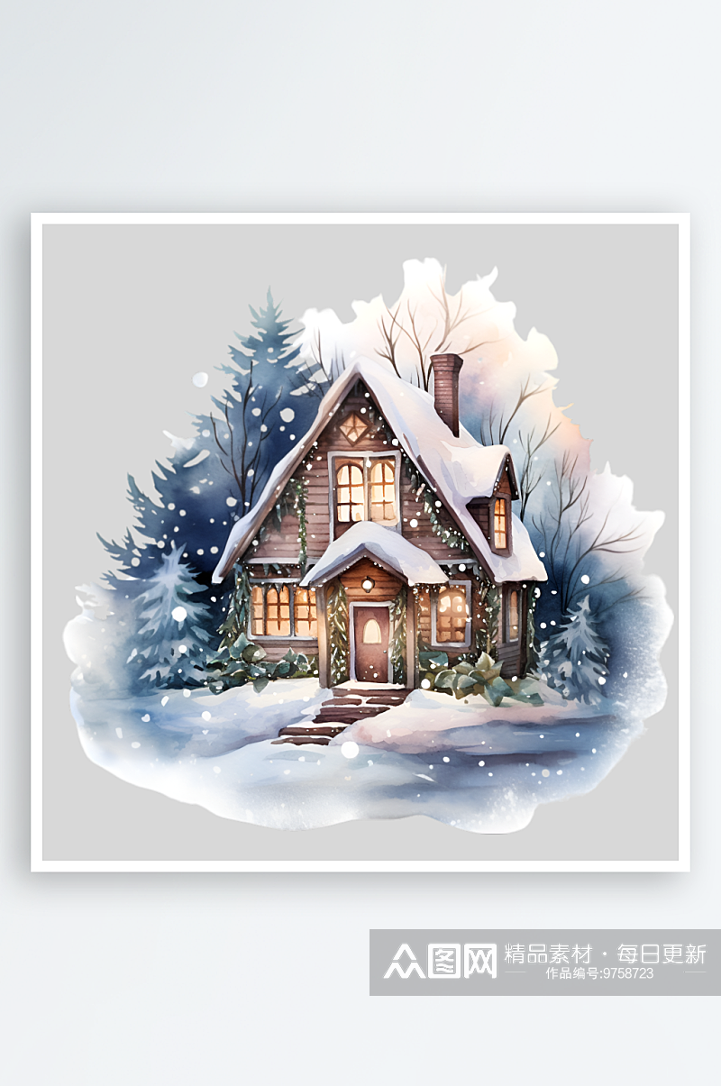 手绘水彩圣诞节雪屋房子装饰元素素材