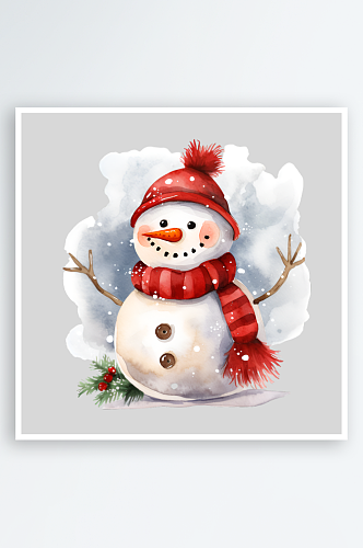 手绘水彩圣诞节雪屋房子雪人装饰元素