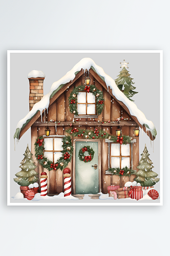 手绘水彩圣诞节雪屋房子雪人装饰元素