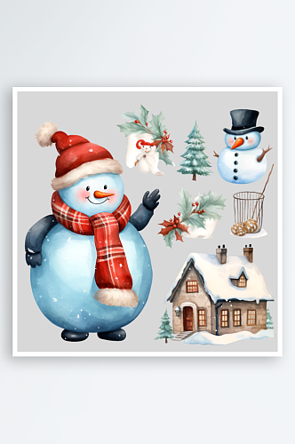 手绘水彩圣诞节雪屋房子雪人装饰