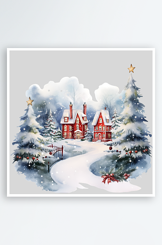 手绘水彩圣诞节雪屋房子雪人装饰