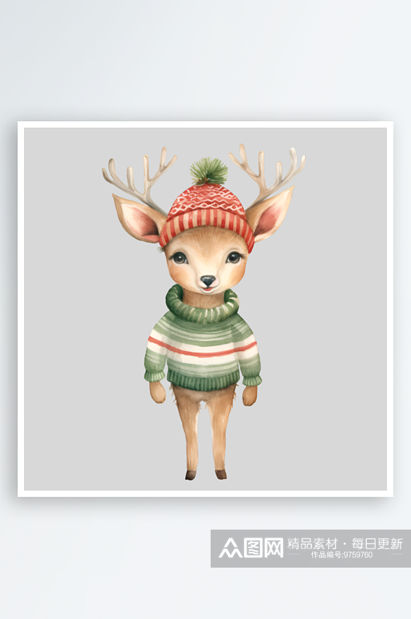 手绘水彩圣诞节驯鹿装饰元素素材