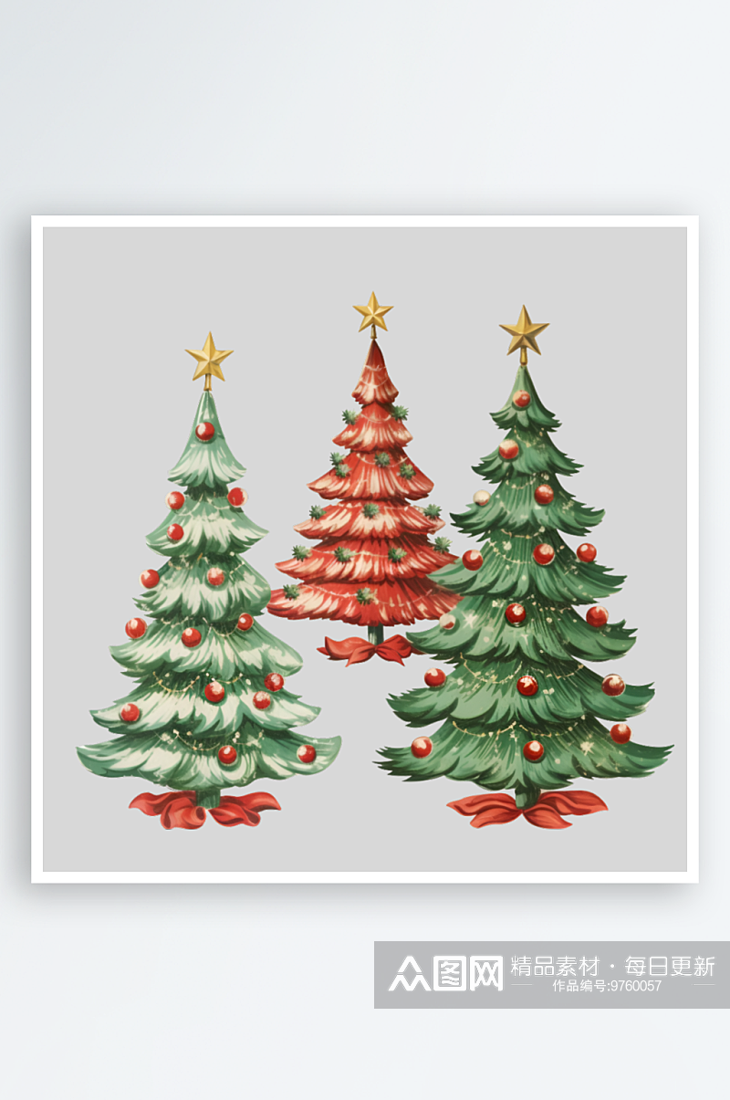手绘圣诞节老人树木袜子蜡烛礼物装饰元素素材