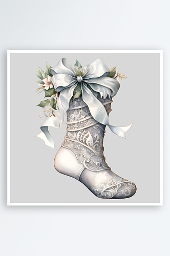 手绘水彩圣诞树蝴蝶结星星袜子装饰元素