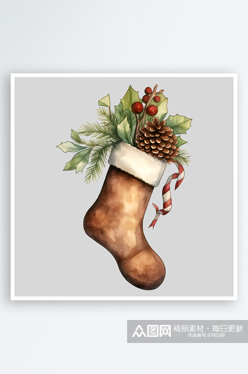 手绘水彩圣诞树蝴蝶结星星袜子装饰元素素材