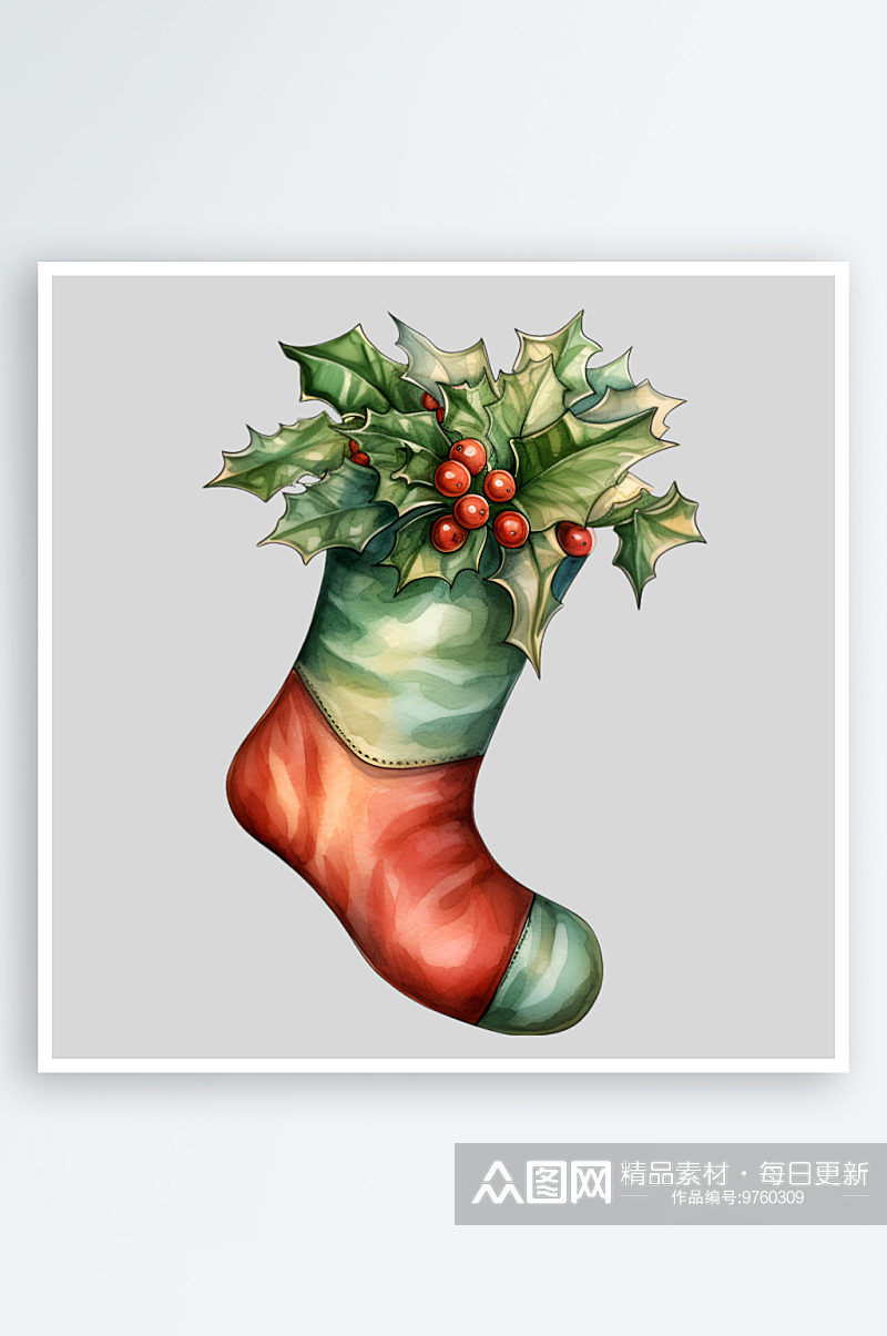 手绘水彩圣诞树蝴蝶结星星袜子装饰元素素材