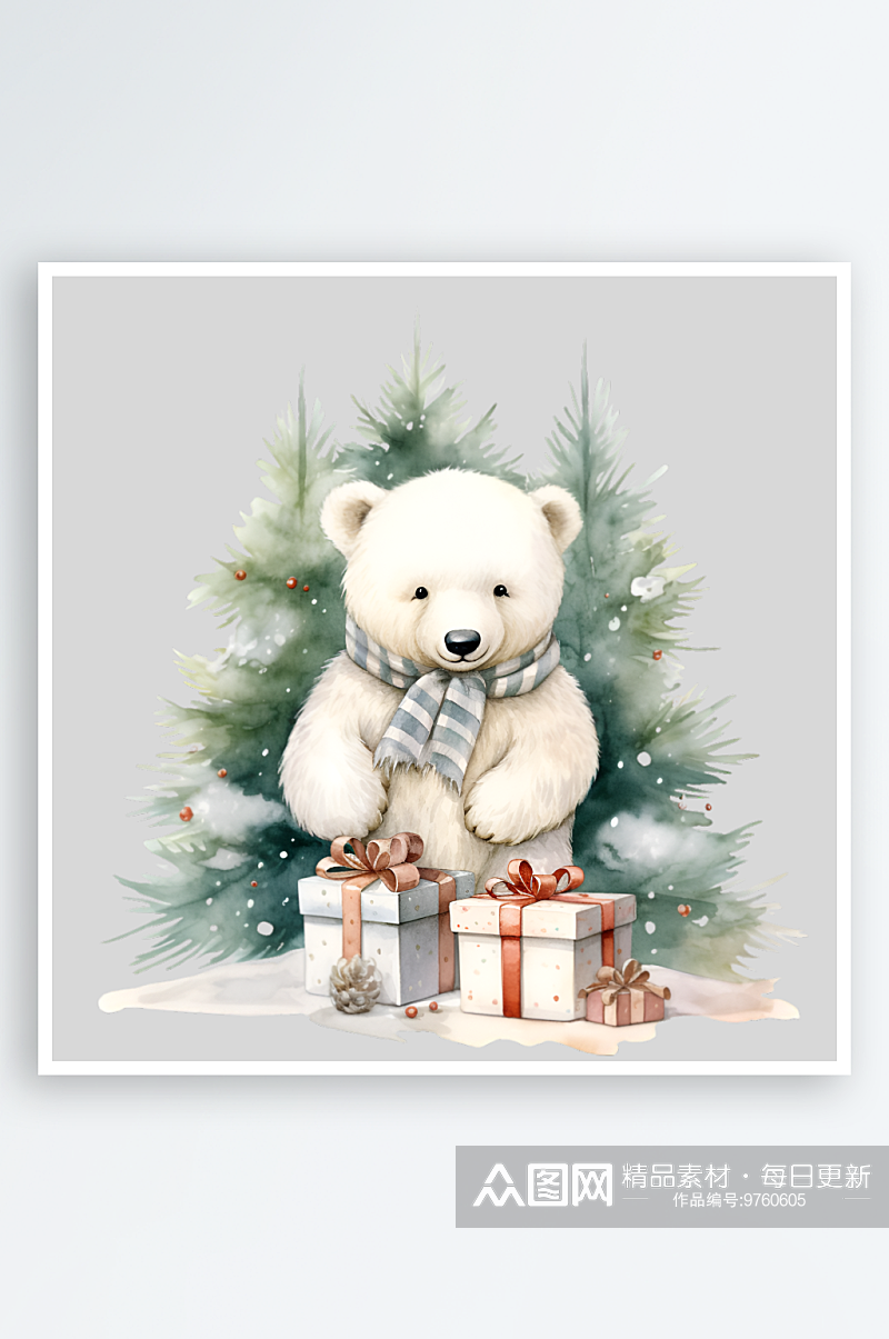 水彩圣诞节小熊白熊装饰元素素材