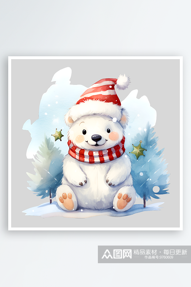 水彩圣诞节小熊白熊装饰元素素材
