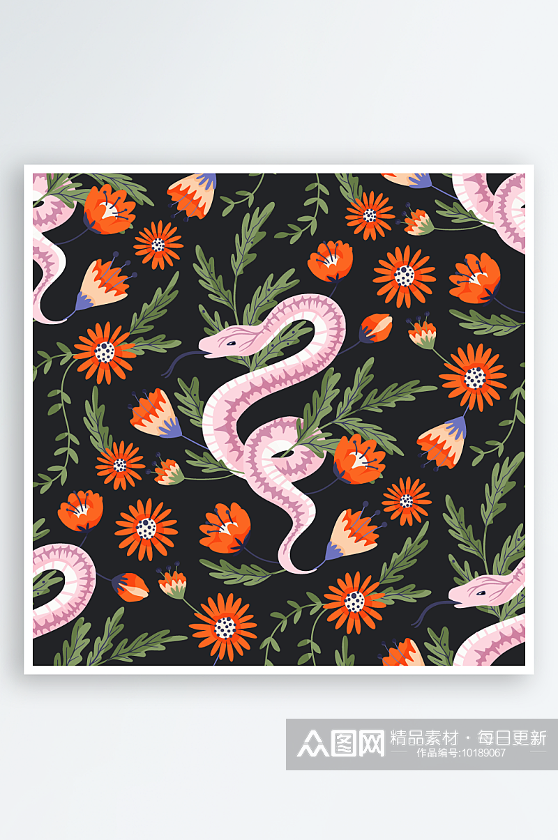 神秘魔法眼镜蛇花卉手绘插画无缝背景素材