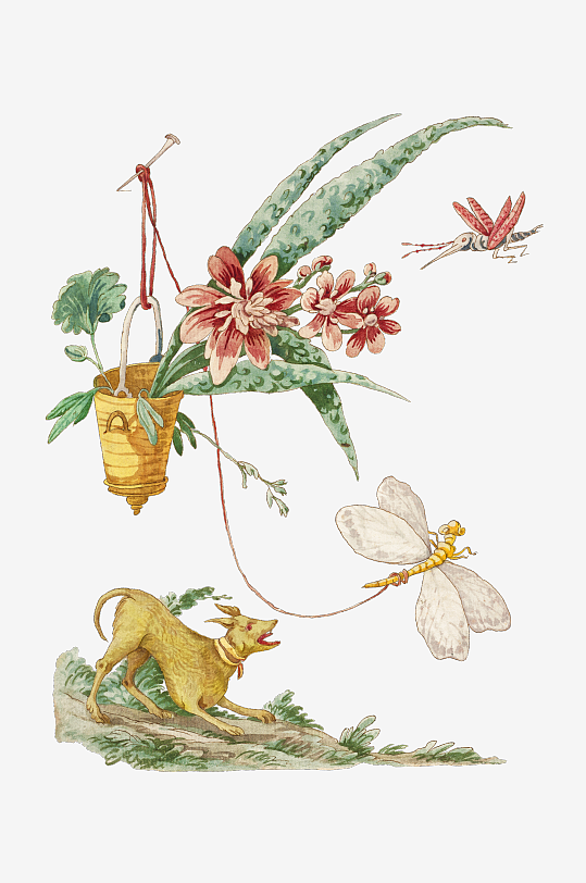 复古绿植物花卉插画PNG免扣素材