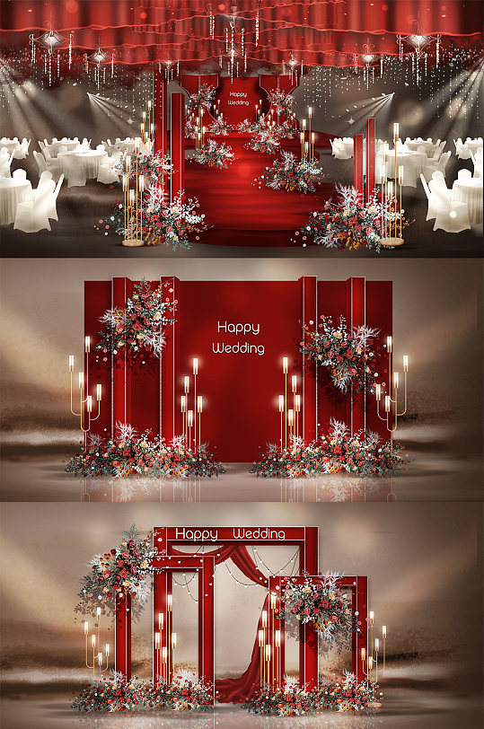 个性定制红金现代主题婚礼布置效果图-众图网
