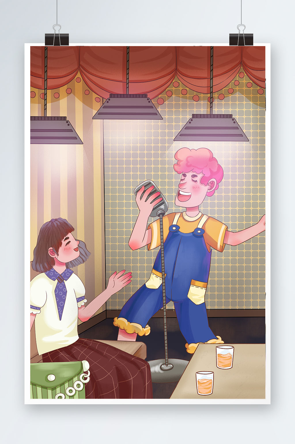 帅哥美女KTV唱歌K歌聚会人物插画素材