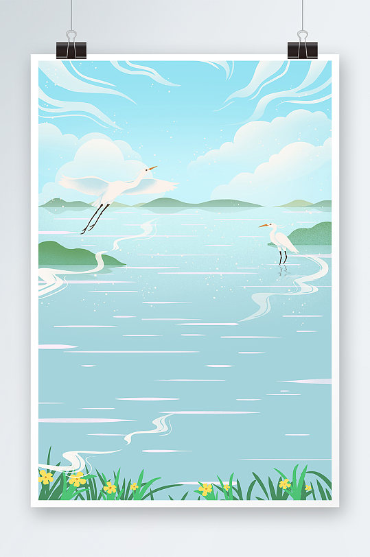 青色清新中国风湖泊江面背景