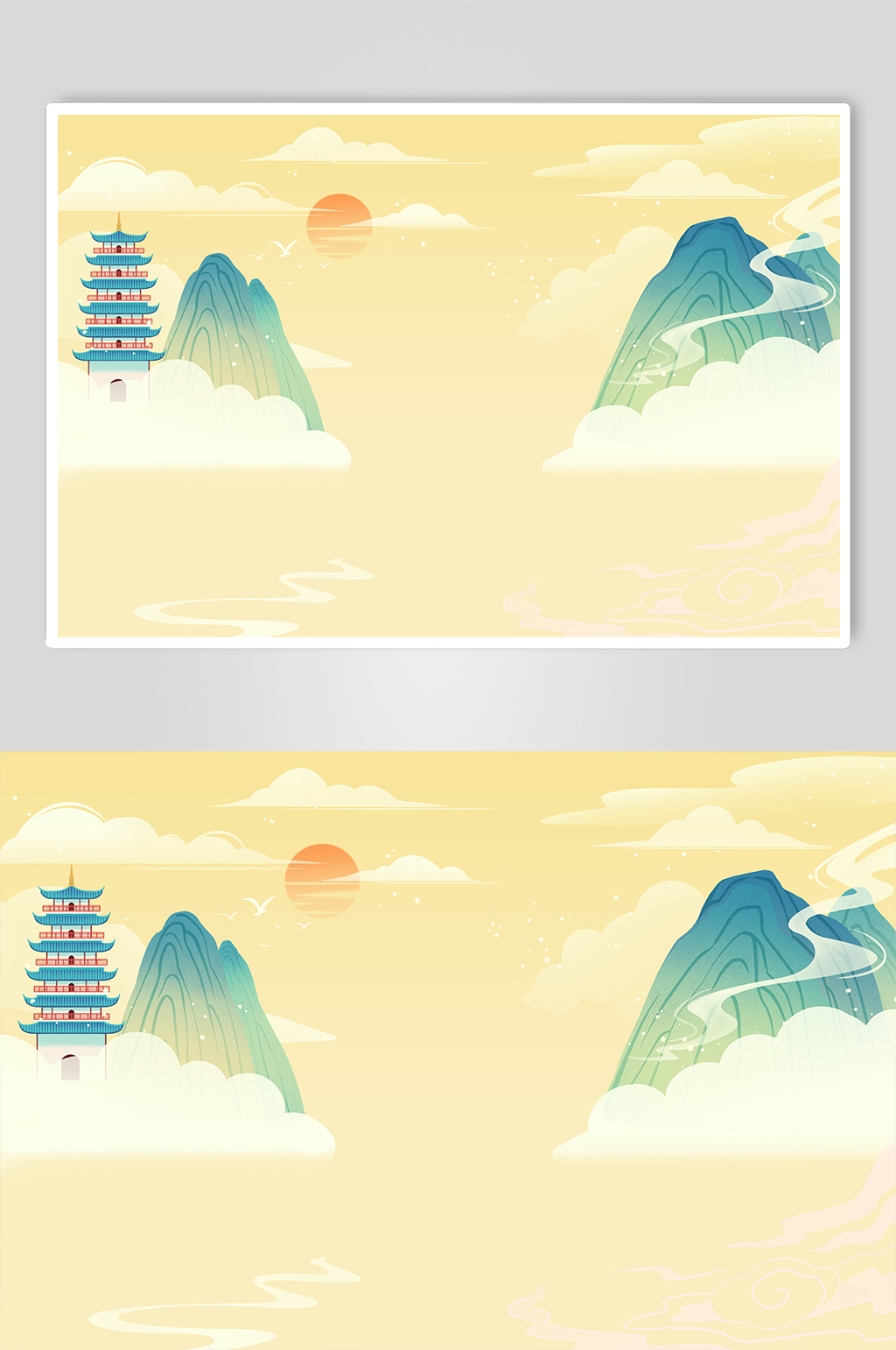 国潮山峰宝塔黄色插画背景图素材