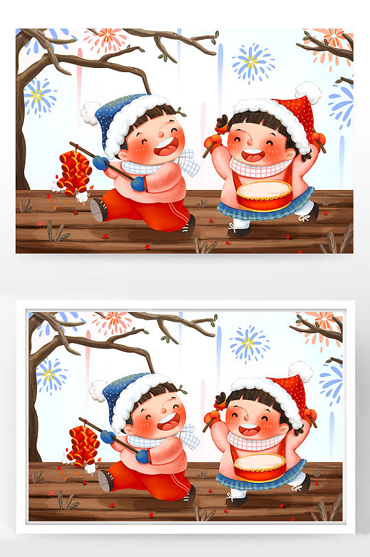 打腰鼓放鞭炮春节小清新插画-众图网