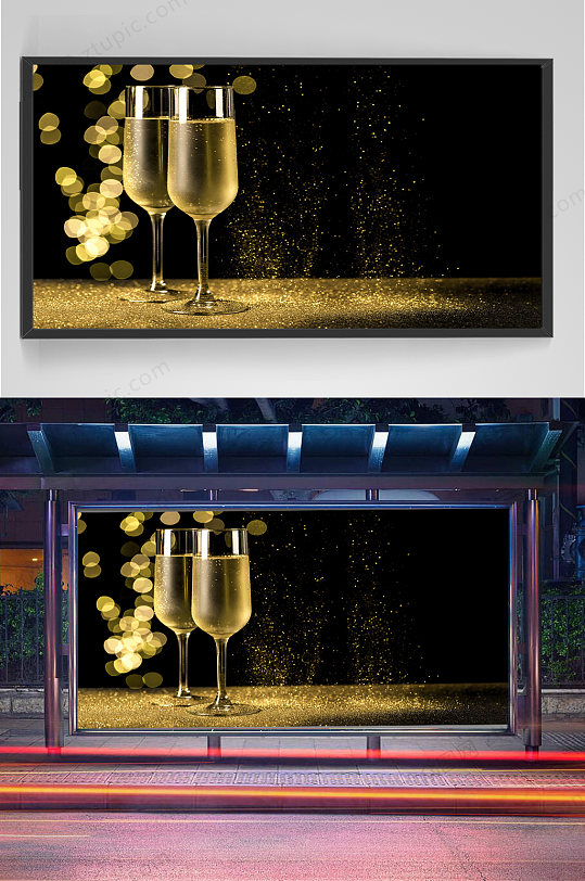 香槟酒杯与金色景灯素材