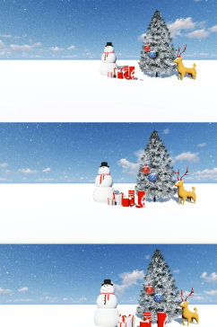 三维动画雪人麋鹿圣诞礼物和圣诞树装饰