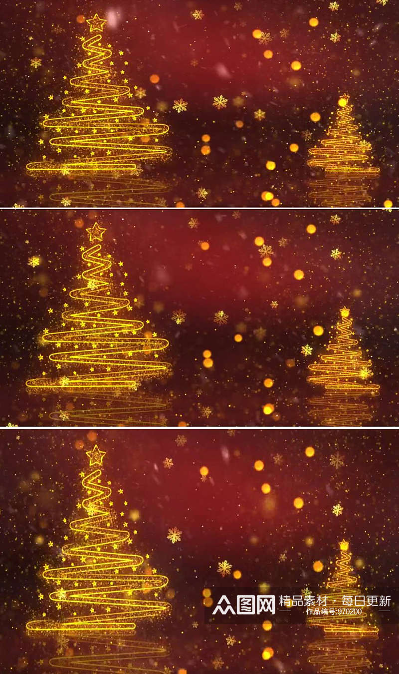 三维动画圣诞树，雪花和红色背景素材