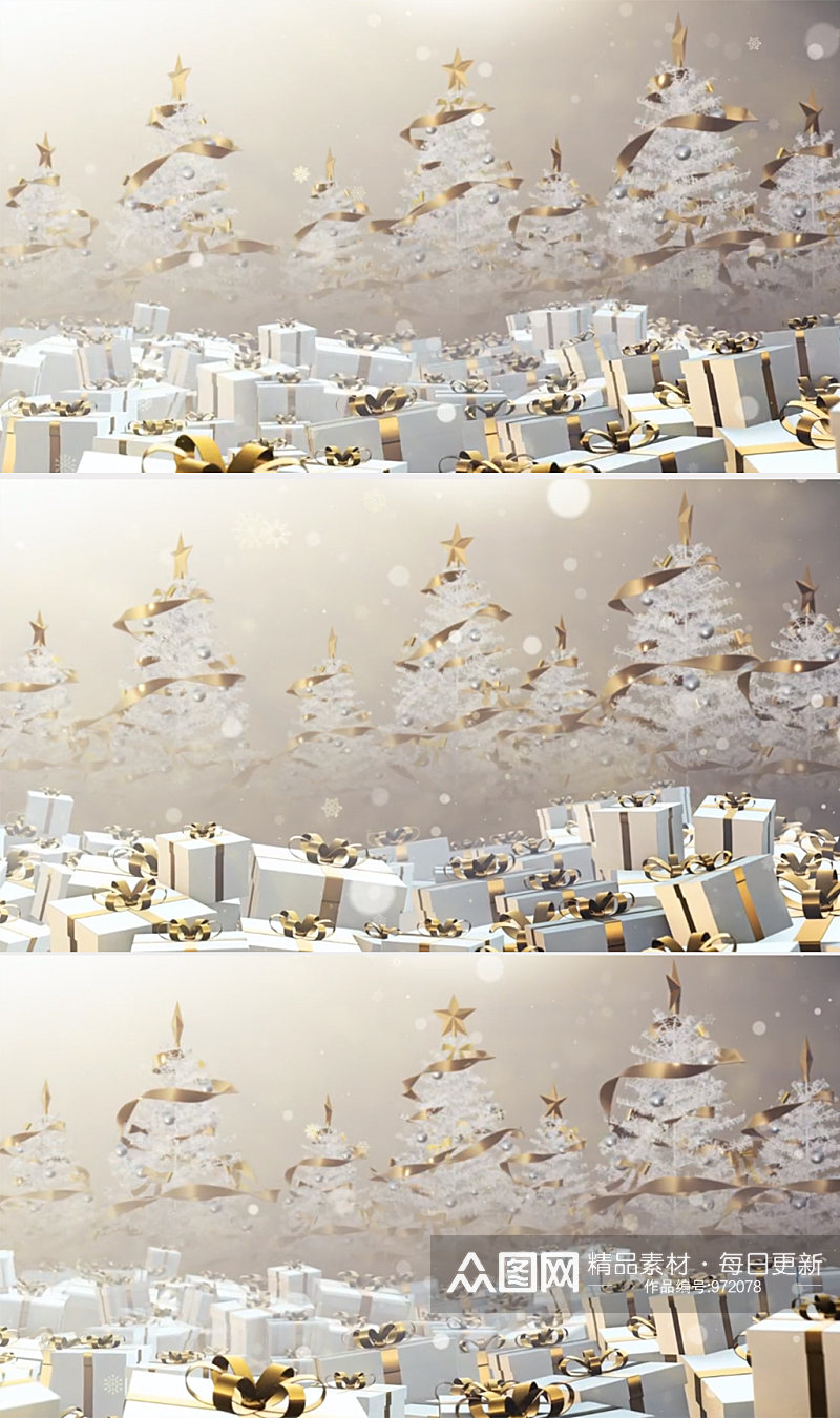 三维动画渲染白色和金色圣诞礼物的舞台背景素材