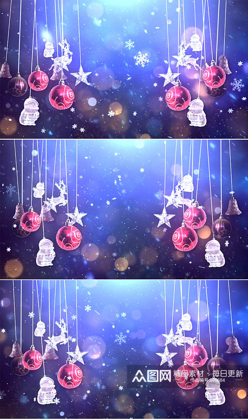 三维渲染下雪时挂圣诞球和装饰品视频背景素材
