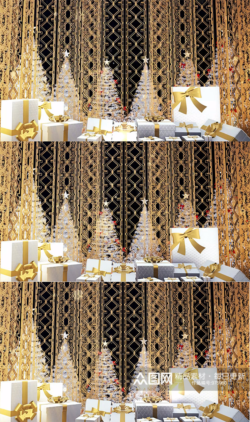 三维动画渲染圣诞礼物和白色圣诞树舞台背景素材