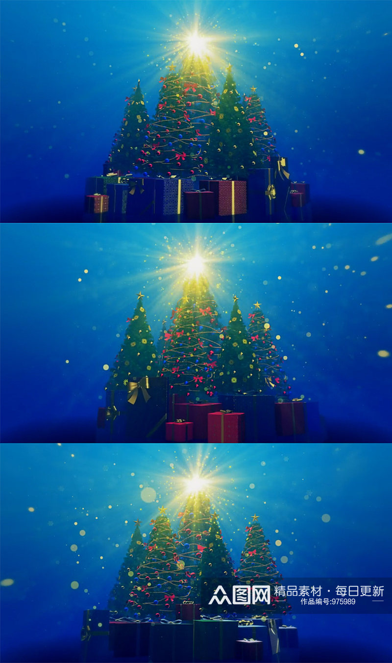 三维渲染蓝色背景下星星照耀在圣诞树上素材