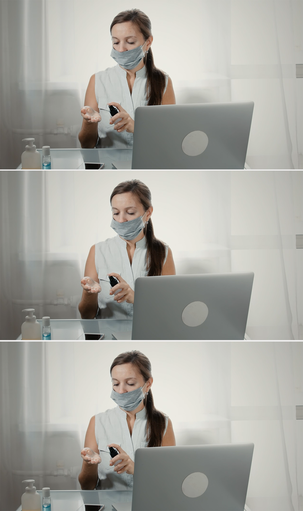 女人在使用笔记本电脑之前使用洗手液消毒素材
