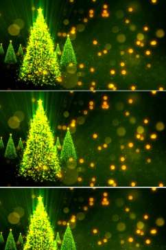 发绿光的圣诞树和漂浮金色颗粒