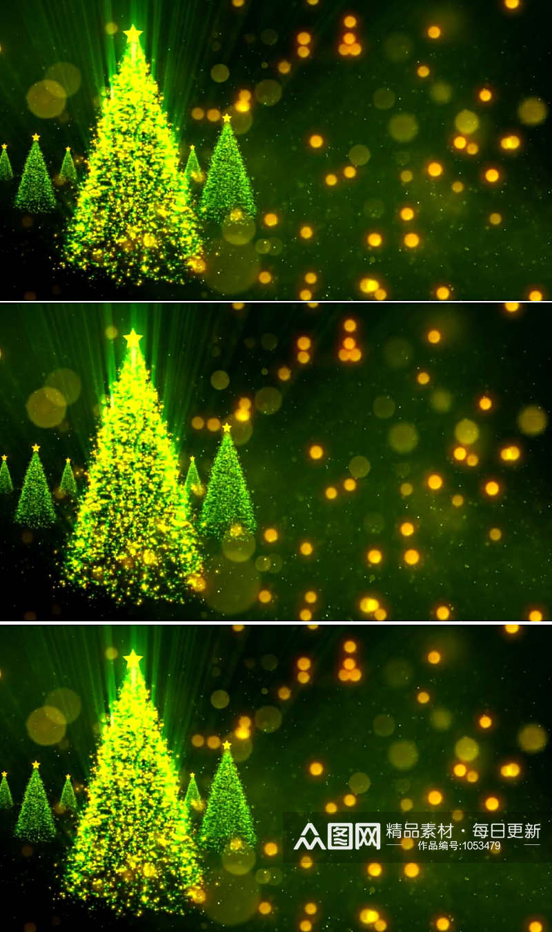 发绿光的圣诞树和漂浮金色颗粒素材