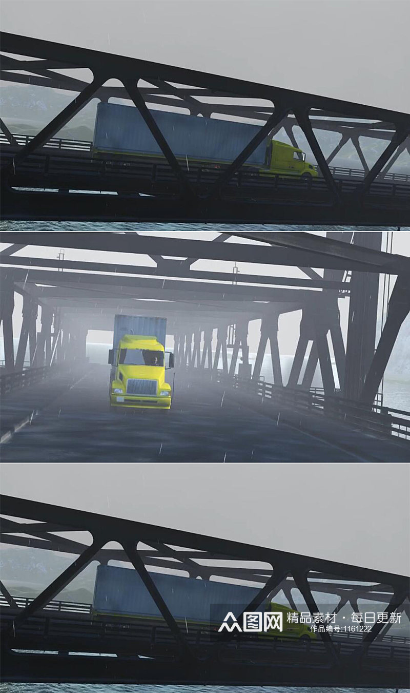 三维动画货运卡车在下雨时开过桥面素材