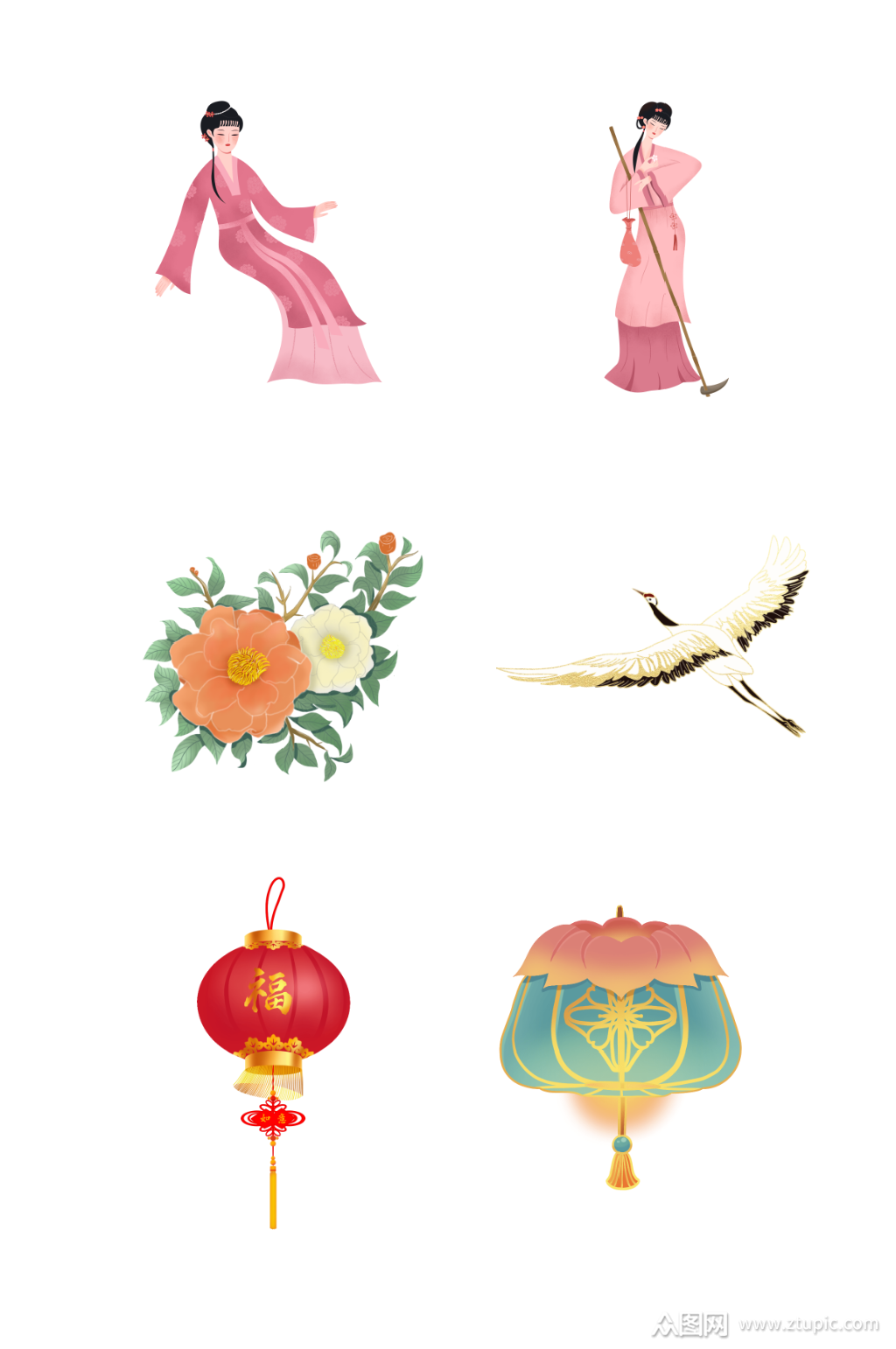 手绘春节古风女子仙鹤红灯笼png免抠素材