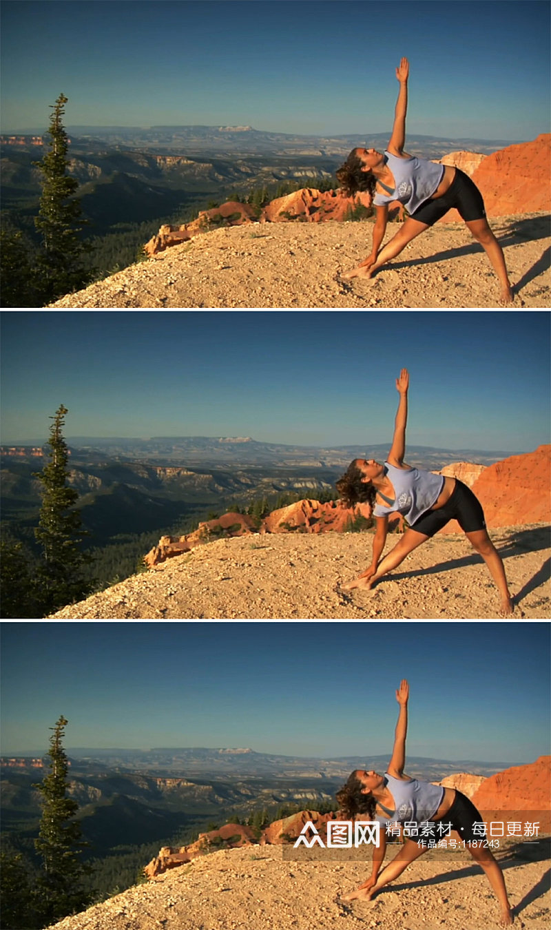 夕阳下一位女子在山顶上练瑜伽素材