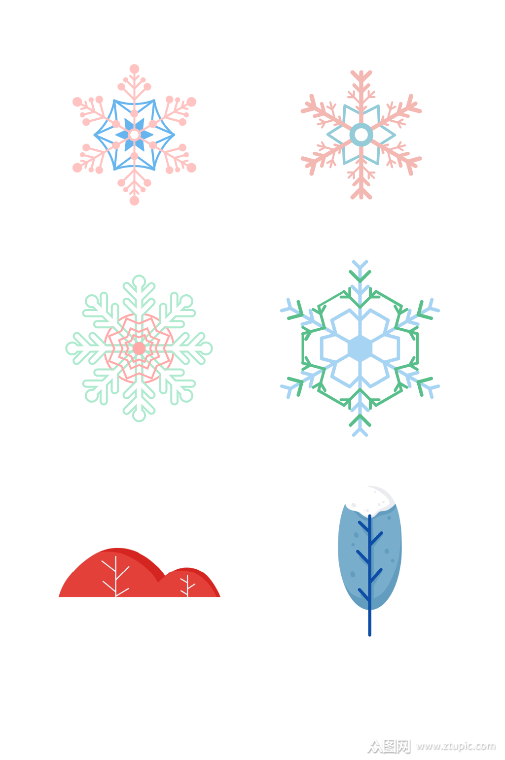 冬季形状颜色不同的雪花造型png免抠素材