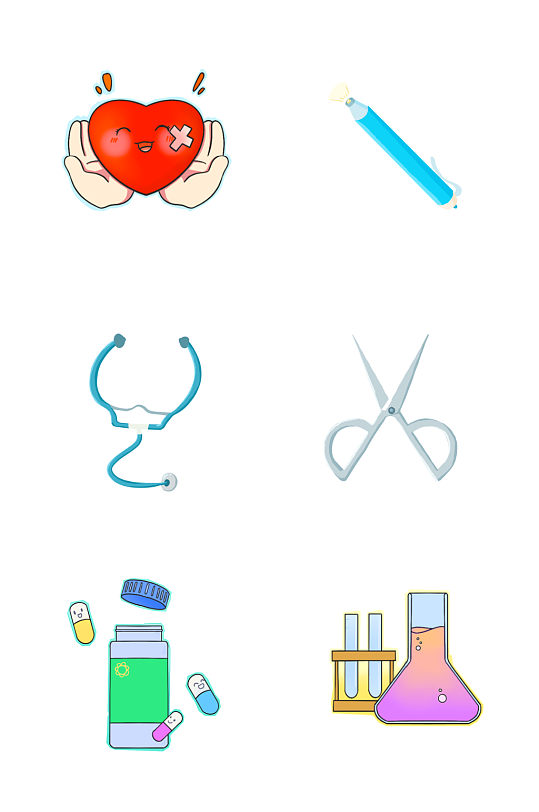 手绘卡通抗疫医疗器材PNG免抠素材