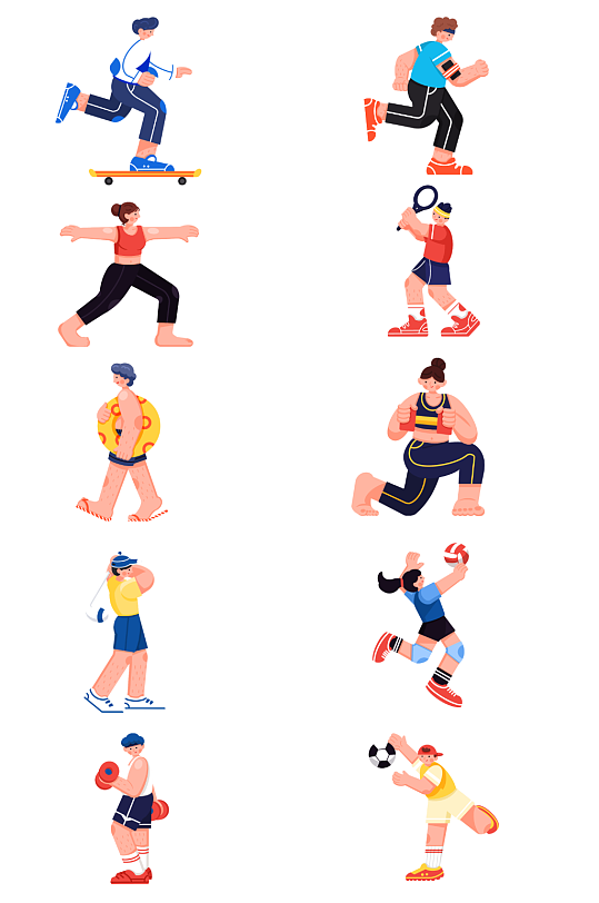 手绘运动卡通人物png免扣 健身设计元素