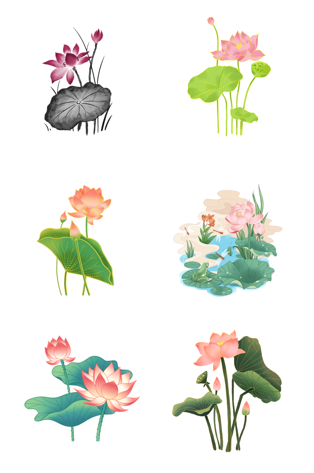 水墨卡通荷花插画PNG免抠素材素材