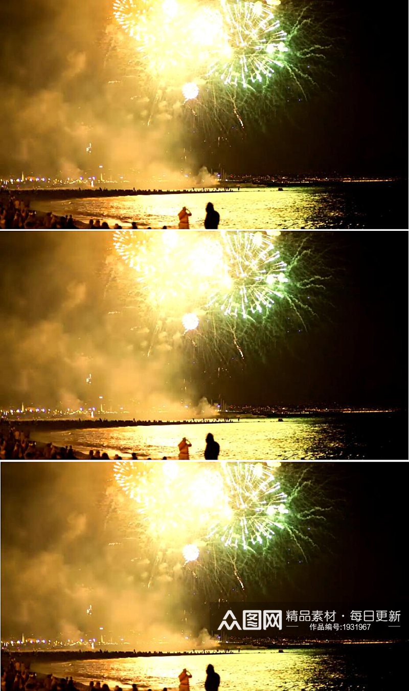 夜晚庆祝活动烟花照亮海滩的天空视频素材素材