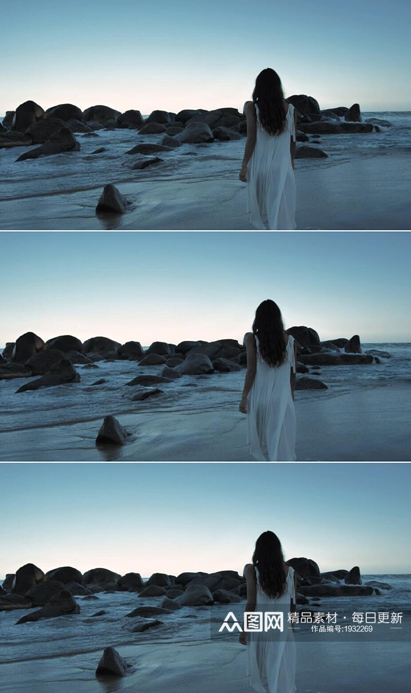 傍晚美女向海滩岸边上的巨石走去视频素材素材
