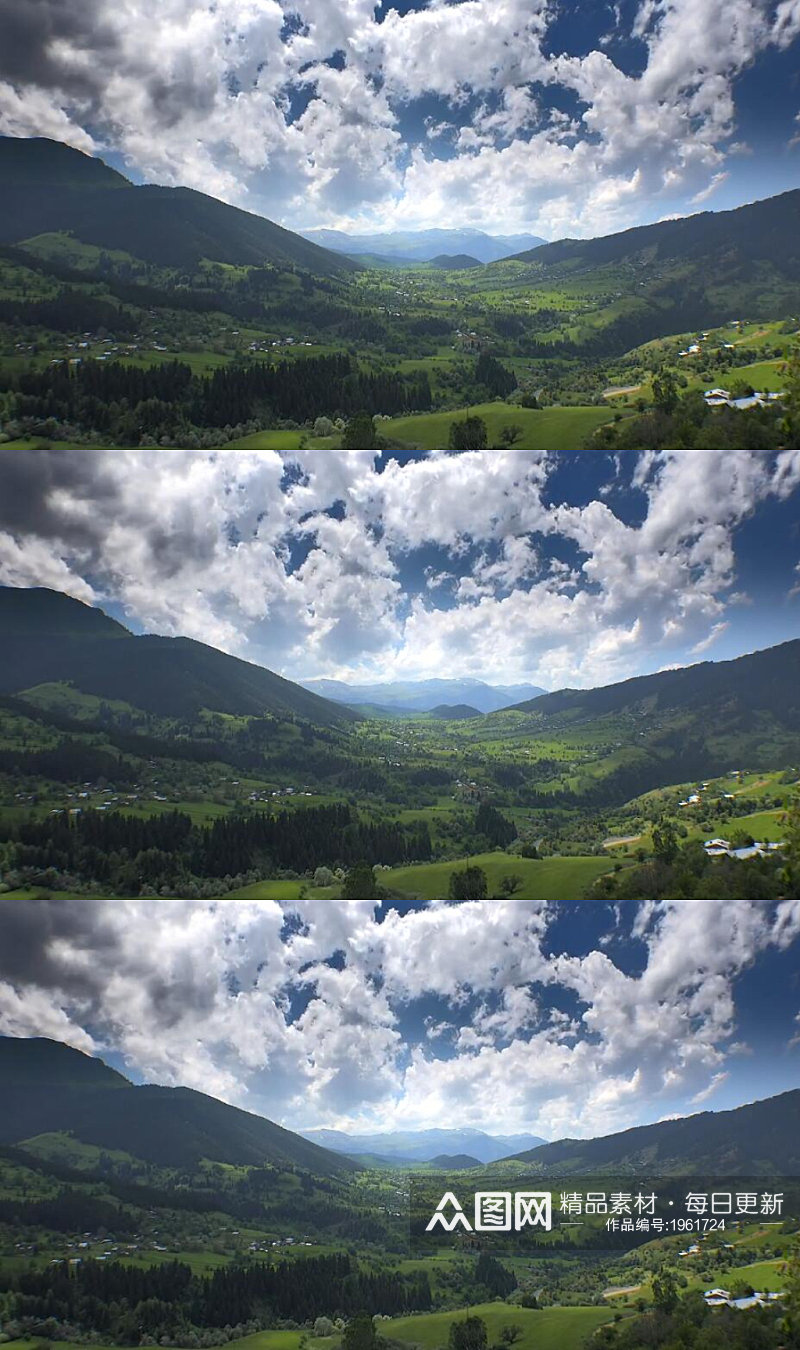 实拍蓝天白云下群山中的山谷美景视频素材 风景视频素材