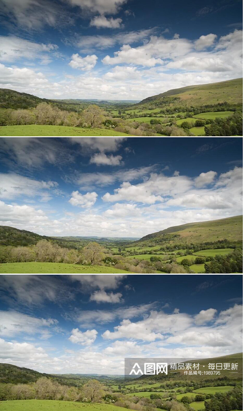 延时摄影蓝天白云下的绿树草原风景视频素材素材