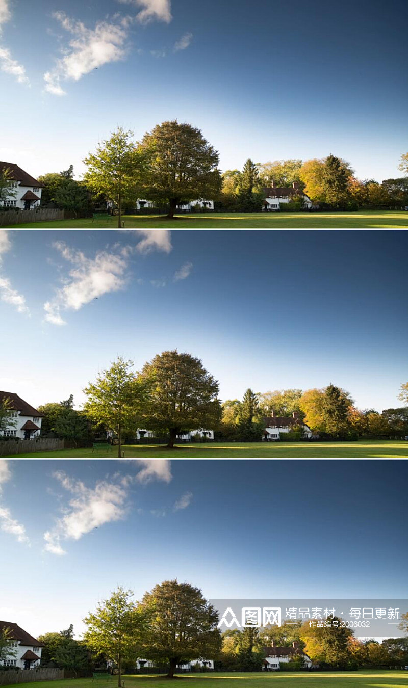 延时拍摄蓝天英国乡村房子绿色田野实拍素材