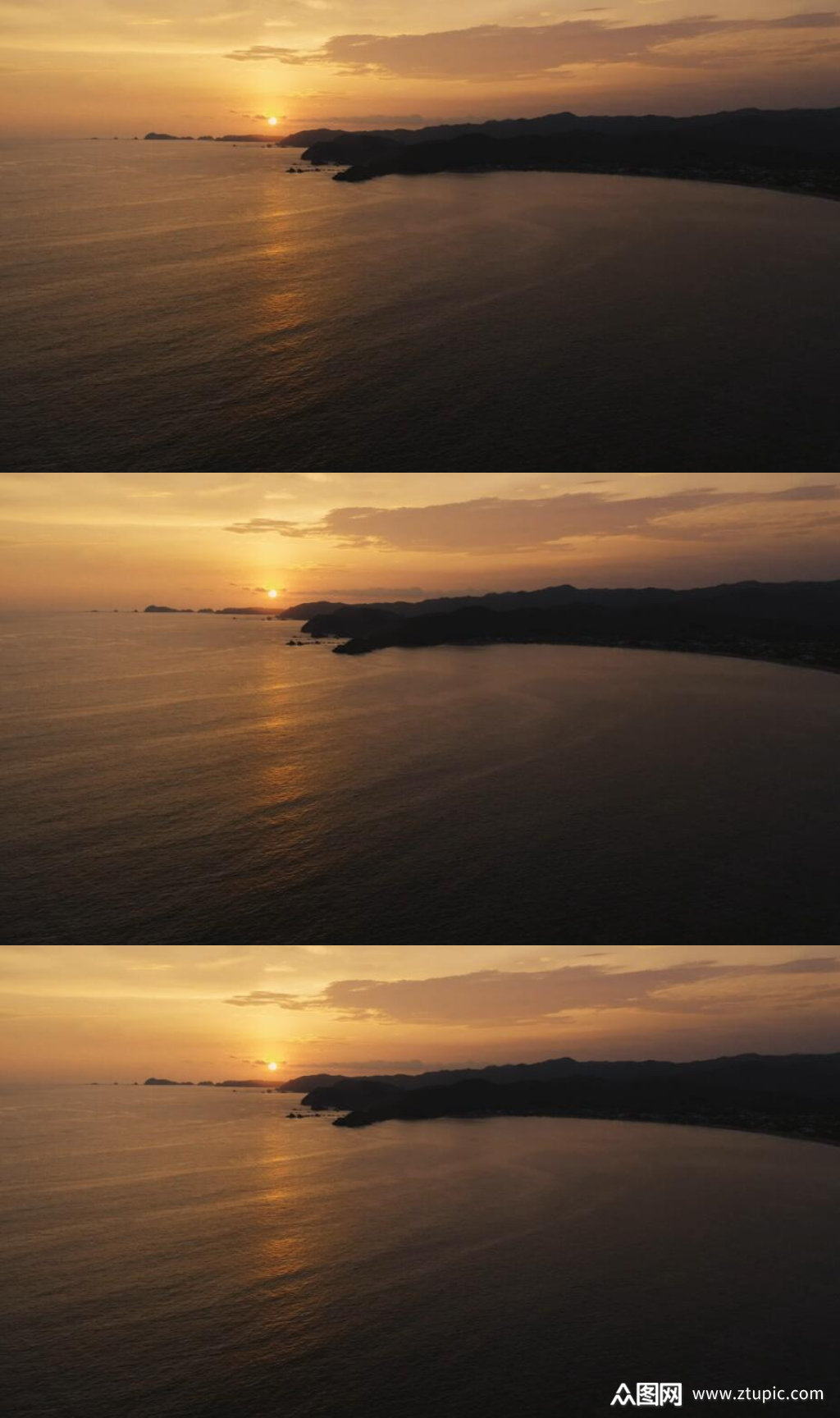 航拍夕阳落山下的海岸线美景视频素材