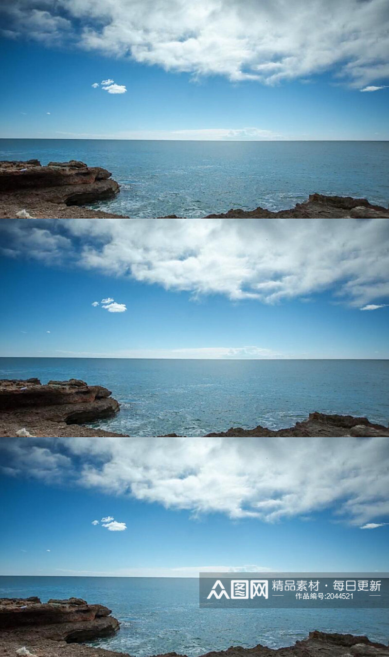 延时摄影蓝天白云下大海荒凉的海岸线视频素材