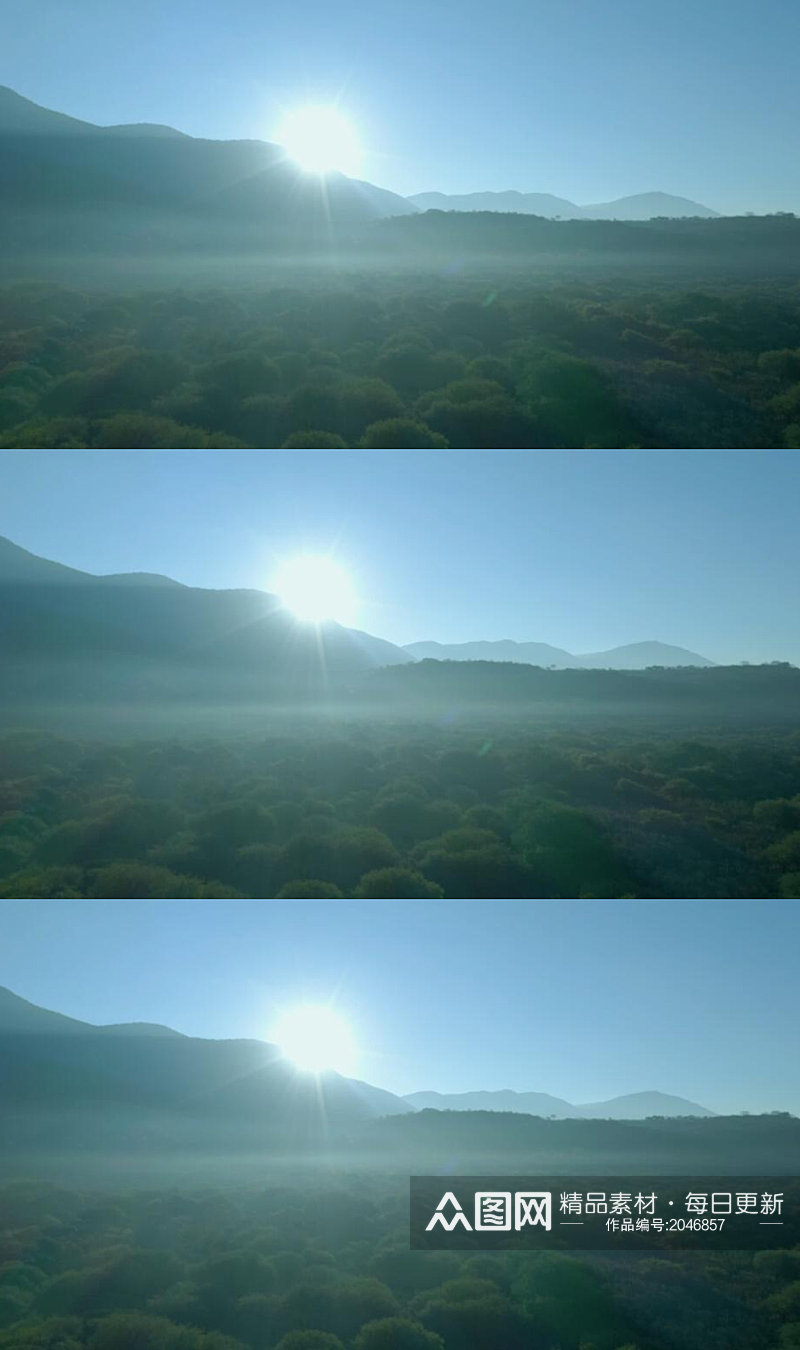 航拍蓝天阳光下群山之间的森林视频素材素材
