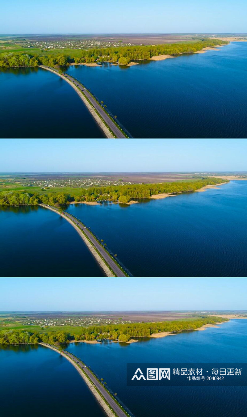 航拍美丽河流大坝上的公路交通风景视频素材 风景视频素材
