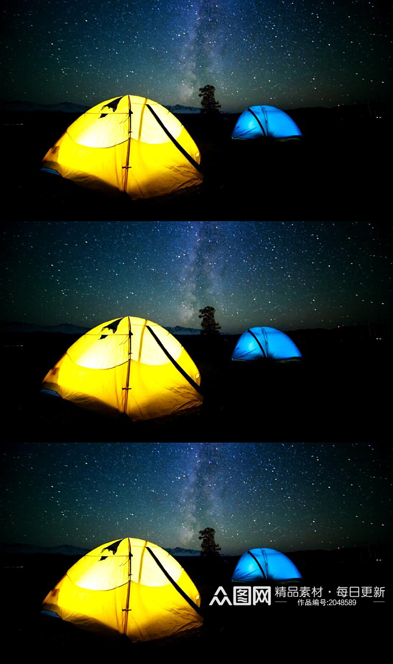 延时摄影星空下色彩缤纷的野营帐篷实拍视频素材