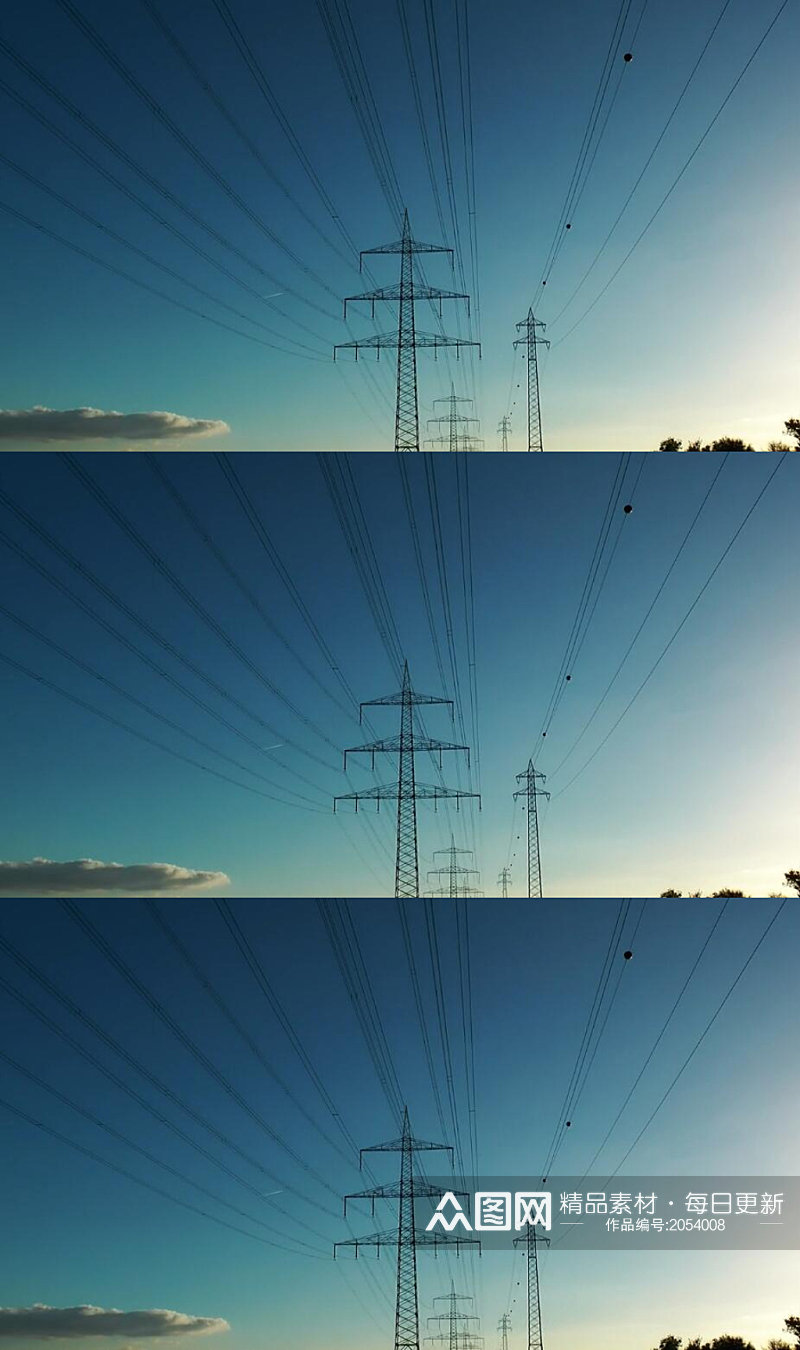移动摄影傍晚的高压电线塔实拍素材